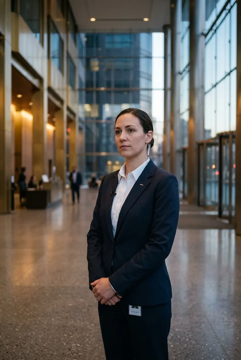 Agente de sécurité en tailleur dans le hall d'un immeuble de bureaux